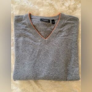 Williams & Kent-Gray V-Neck Cashmere Sweater with Orange Trim-XXL